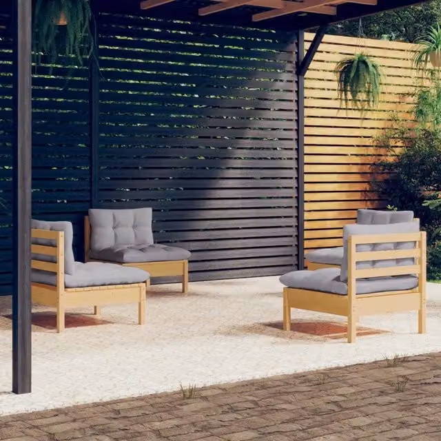 Set Divani da Giardino 4 pz con Cuscini Grigi Massello di Pino 3096027