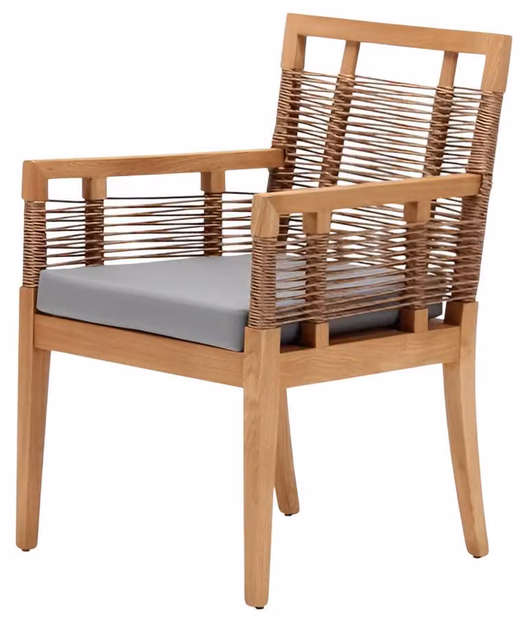 Poltrona con braccioli in rattan, struttura in legno grigio, adatta per esterni, giardino, terrazza o balcone