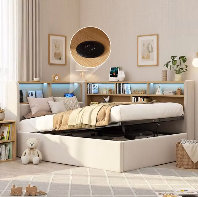 Tagesbett 90x200 cm con contenitore idraulico; LED; USB e USB-C; velluto beige