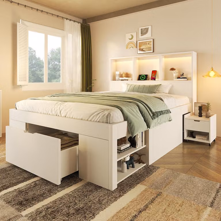Letto multifunzionale 90x200 cm con comodino regolabile, illuminazione LED, porta USB-C, spazio contenitivo, cassetto, ripiani e rete a doghe, colore bianco
