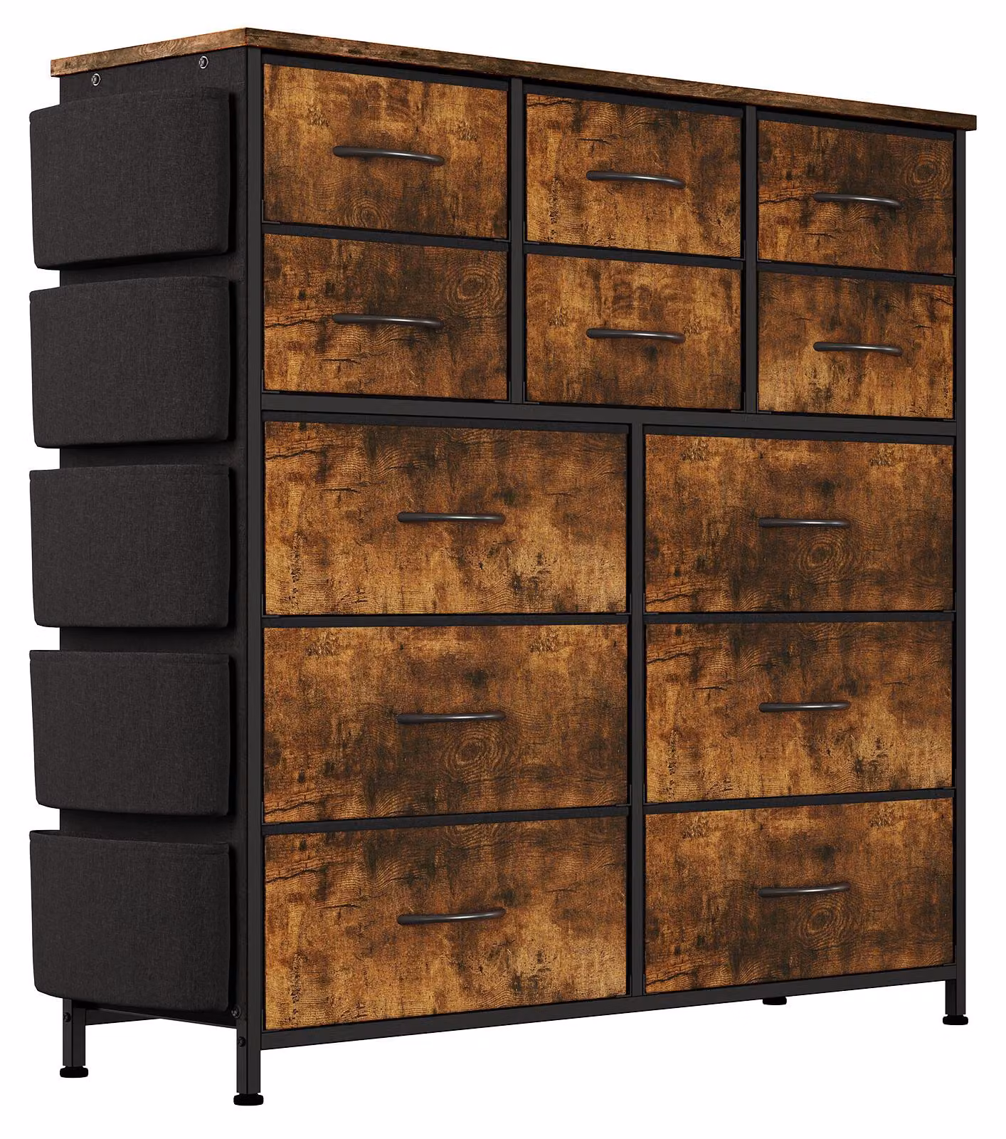 Comodino con 12 cassetti, dimensioni 99x30x110 cm, contenitore in tessuto, organizer, motivo tigrato/legno marrone