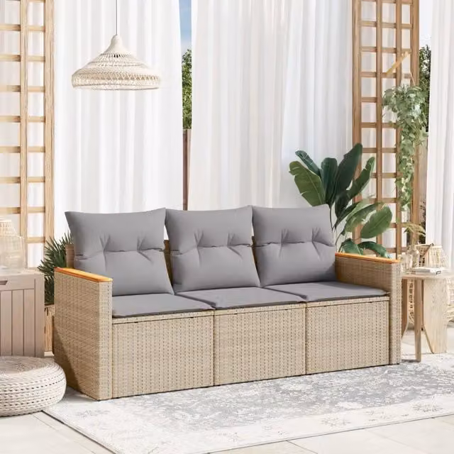 Set Divano da Giardino 3 pz con Cuscini-Sofa da Giardino-Divanetto da esterno Beige in Polyrattan 851750