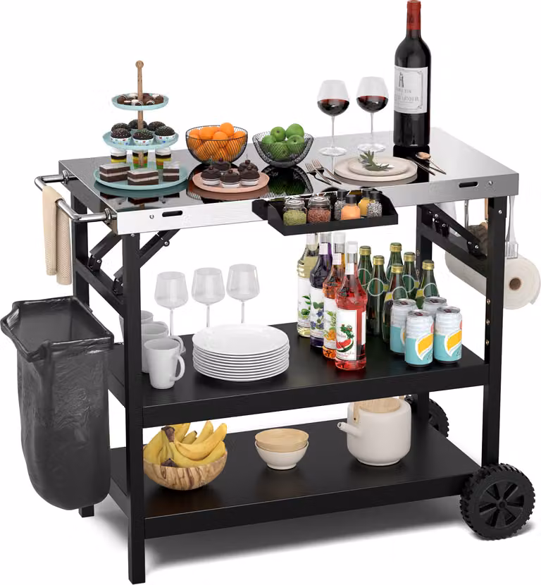 Tavolo da barbecue COSTWAY con 3 ripiani, carrello da barbecue con ripiano regolabile, supporto per telefono, portaspezie, porta asciugamani, porta fazzoletti e gancio, carrello laterale da esterno