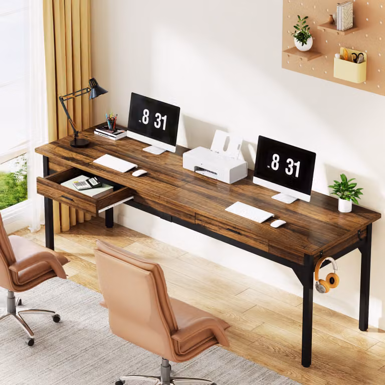 Tribesigns Scrivania per computer 200 x 60 x 82 cm, doppia scrivania lunga con 2 cassetti, tavolo per PC, tavolo da ufficio, tavolo da lavoro, tavolo da pranzo, marrone