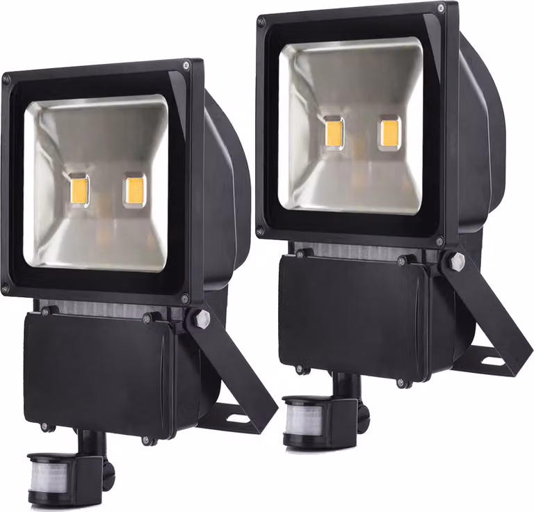 2 pezzi di faretti LED da 100 W con sensore di movimento PIR, Greenmigo bianco caldo impermeabile IP65 illuminazione di sicurezza super luminosa per giardino, cortile, magazzino, piazza, cartellone pubblicitario