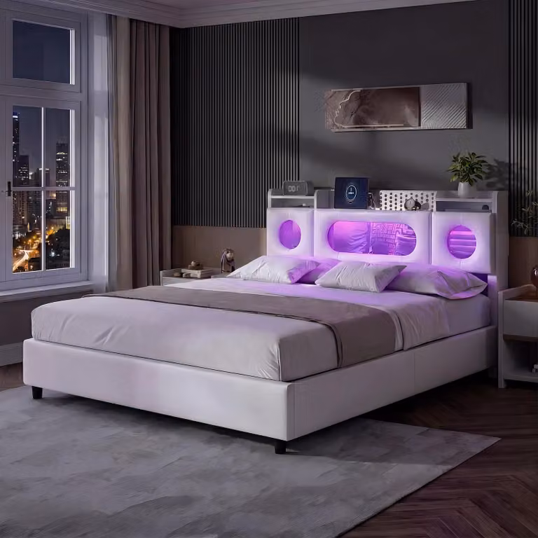 Letto imbottito UnboxG 140x200 cm, letto con contenitore e sistema idraulico, illuminazione a LED, prese USB e Type-C, testiera con vano portaoggetti, ecopelle, bianco