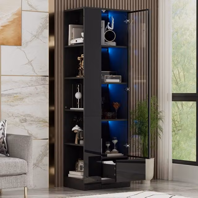 Vetrina con porta in vetro e illuminazione LED, mobile lucido nero 50x35x160 cm con cassetti e vani aperti, ampio spazio per soggiorno e sala da pranzo