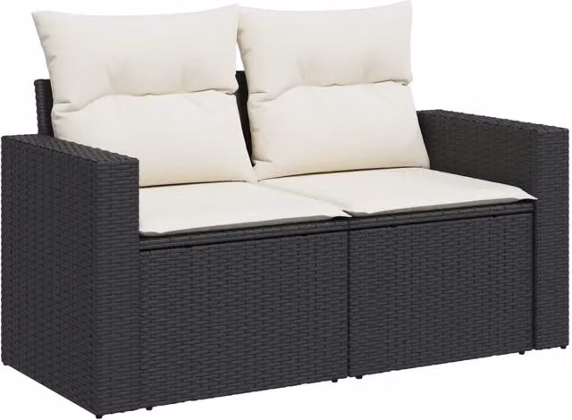 Divano da giardino a 2 posti in polyrattan nero con cuscini bianchi e coperture rimovibili L: 131 cm, P: 69 cm, H: 62 cm