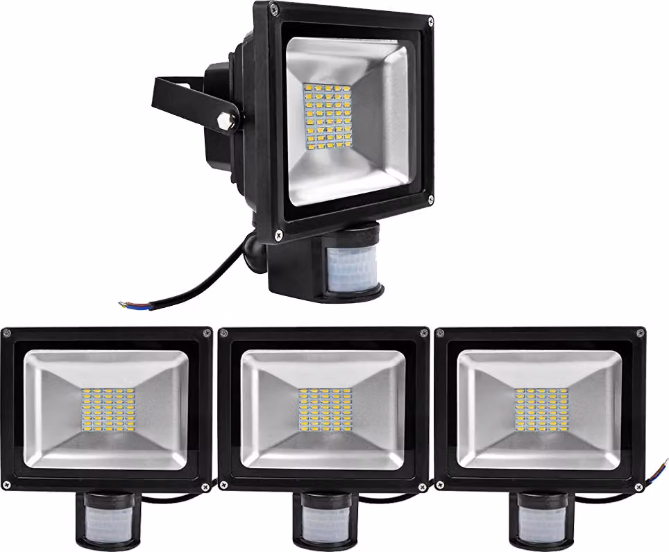 4 proiettori LED SMD da 30 W con sensore di movimento PIR, Greenmigo 120°, IP65, corpo in alluminio nero, luce bianca calda