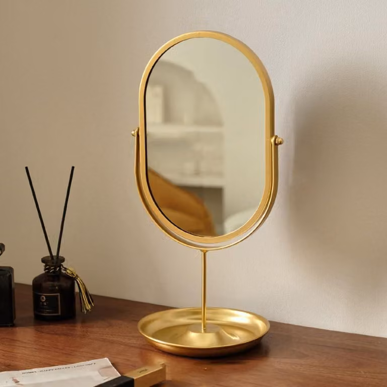 Specchio da trucco ovale con base e contenitore portaoggetti