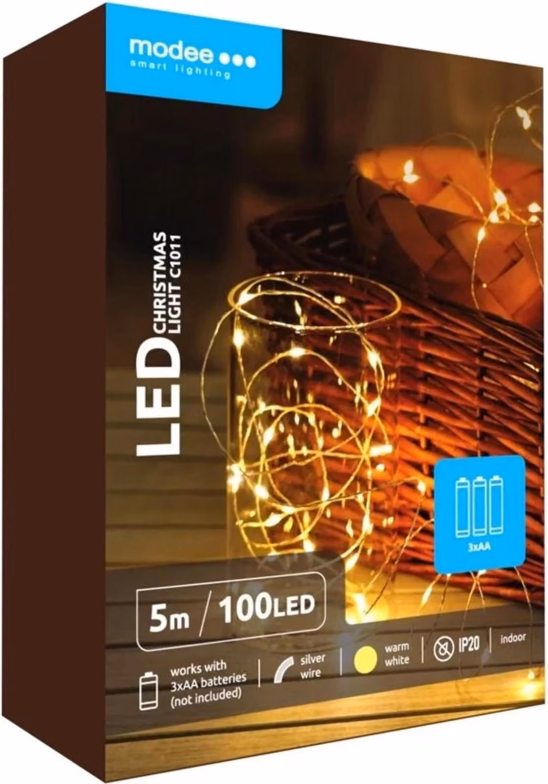 Modee Lighting Catena natalizia a LED 100 LED 5m 3xAA bianco caldo