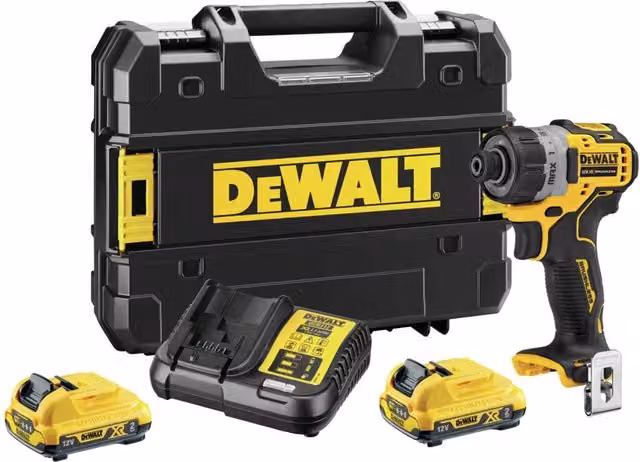 Trapano avvitatore DeWalt 12V con attacco da 1/4 pollici, 2 batterie ricaricabili da 2 Ah e caricatore, colore giallo - DCF601D2 – 1