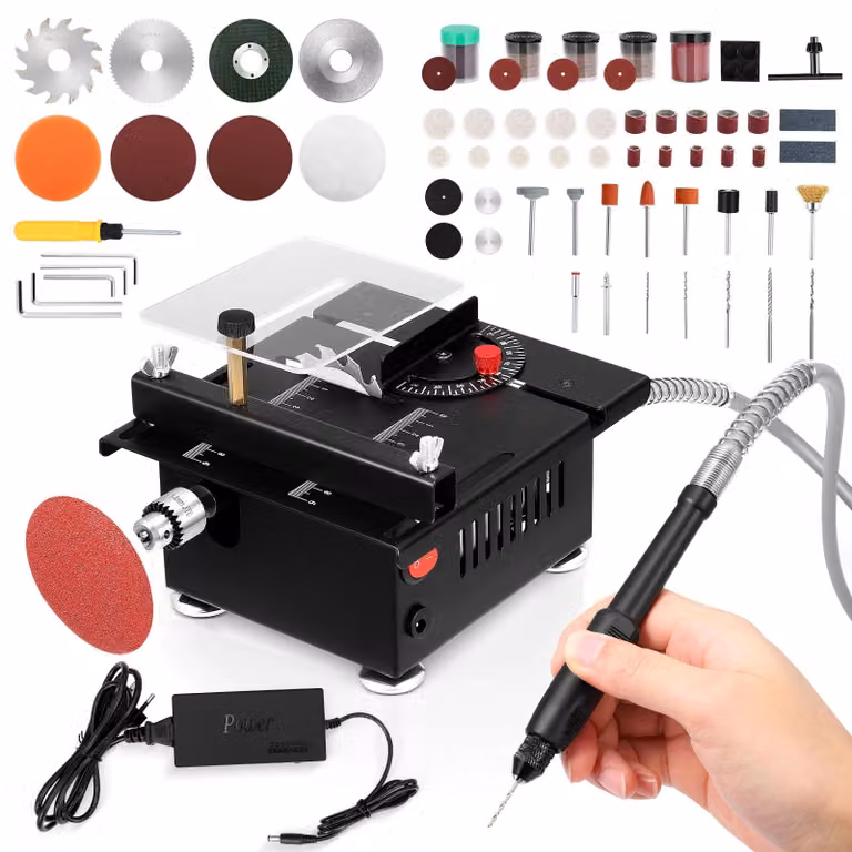 Mini sega circolare da banco – Dispositivo multifunzionale "tutto in uno" – Profondità e angolo di taglio regolabili – 7 livelli di velocità – Funzioni: taglio, levigatura, incisione e foratura – Colore: nero