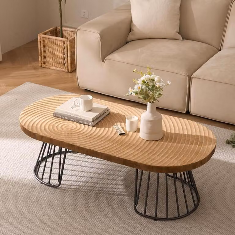 Tavolino da caffè in legno, forma ovale, gambe in metallo, dimensioni ø110x50x40 cm, design Jahresrad