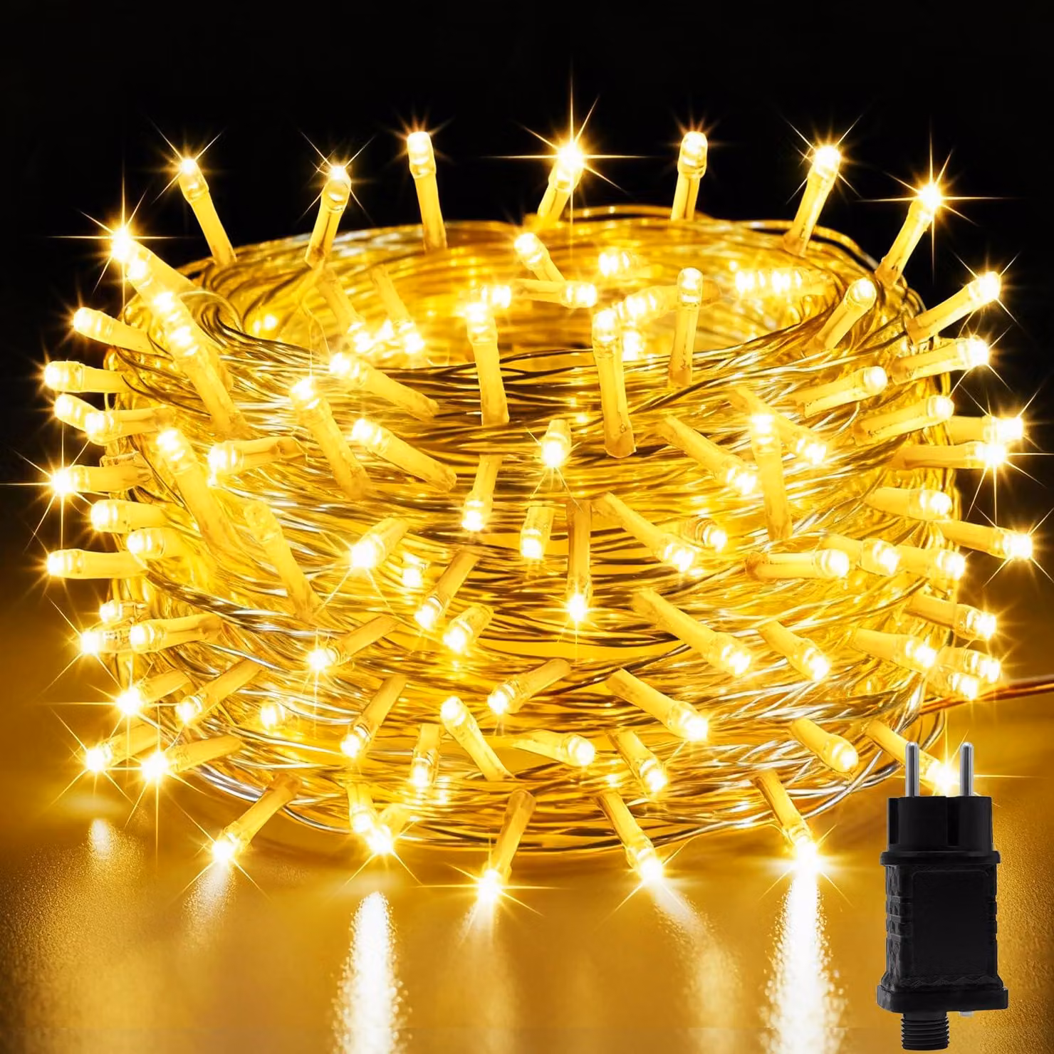 Catena luminosa con 200 LED, lunghezza 22 metri, luce bianco caldo, alimentazione a corrente continua 31V, 8 programmi