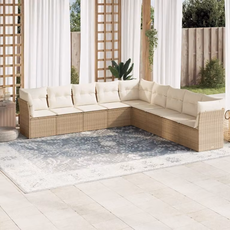 vidaXL Set Divano da Giardino a Forma di U con 9 Cuscini Beige e Struttura in Metallo