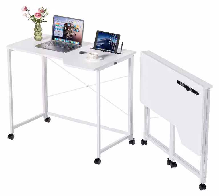 Scrivania pieghevole su ruote - Scrivania per computer 90x56x75 cm - Legno - Con ruote - Ideale per piccoli spazi e per l'ufficio domestico - Bianco