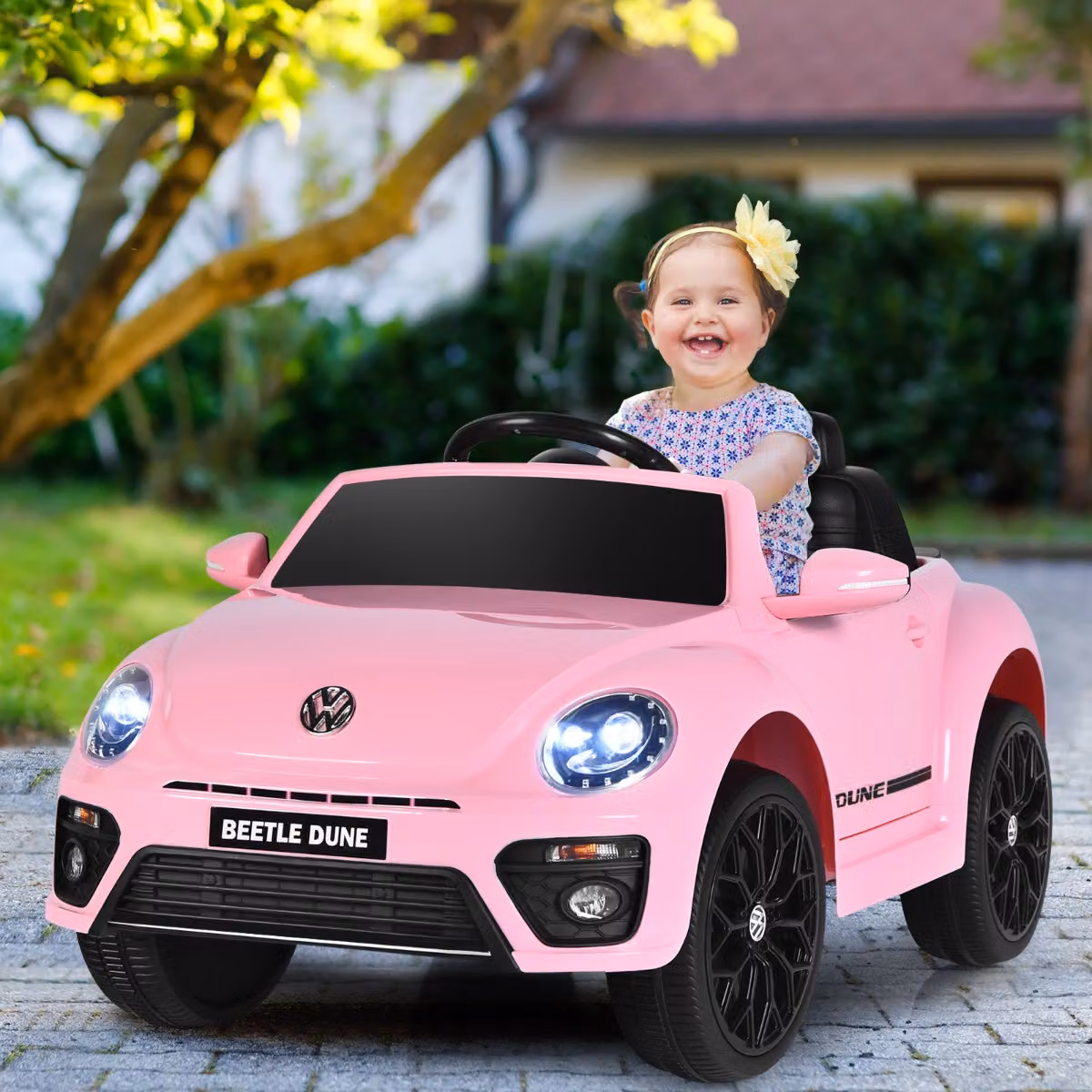 Costway Macchina elettrica a forma di maggiolino rosa per bambini con telecomando e luci