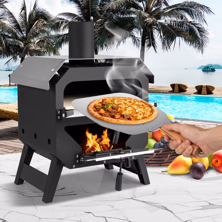 Costway Forno multicarburante con tetto in acciaio inossidabile per patio per pizza, Forno per pizza da esterno con pietra Nero