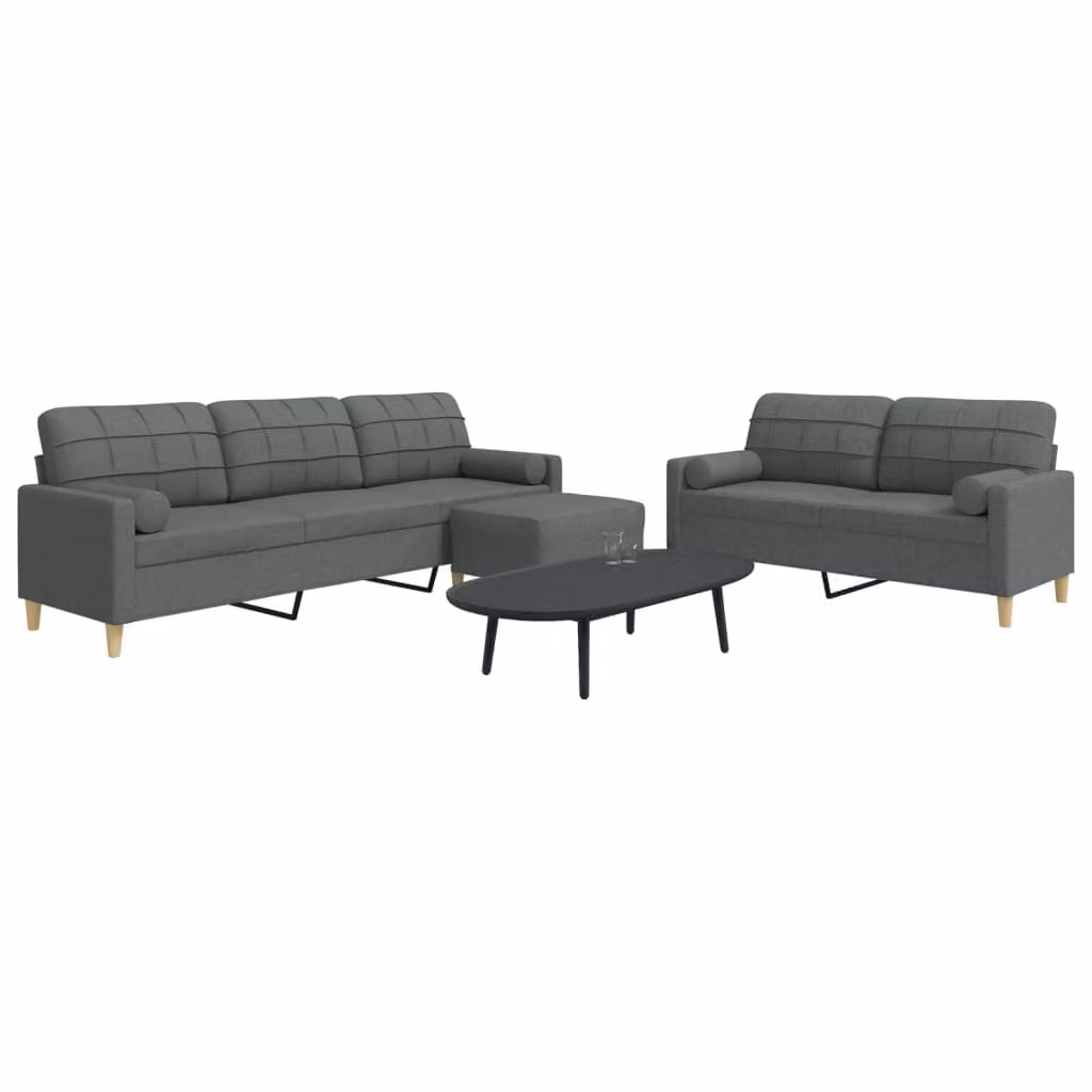 Set di divani vidaXL 3 pezzi con poggiapiedi e cuscini, tessuto grigio, design moderno per soggiorno – 1