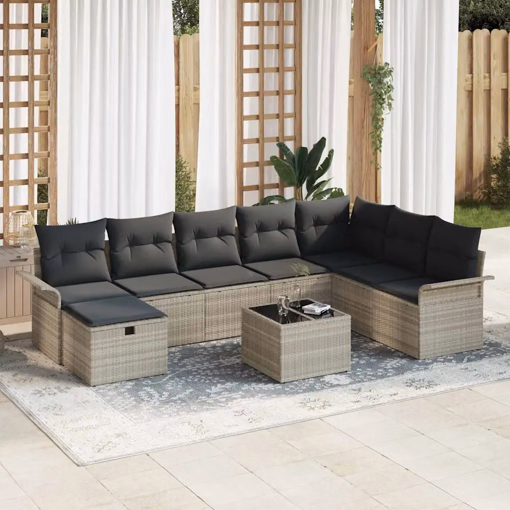 Set Divano da Giardino vidaXL 9 Pezzi Grigio con Cuscini e Tavolino da Esterno in Polyrattan e Acciaio – 1