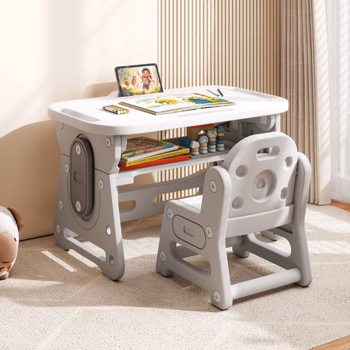 Set tavolo e sedia per bambini Costway con piano inclinabile e altezza regolabile, Grigio