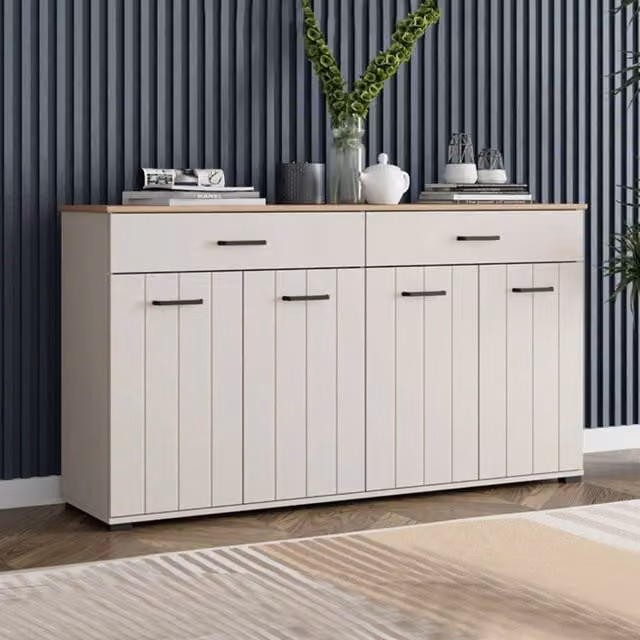 Madia Quarna DMORA con 3 ripiani, design moderno in legno, L: 156 cm, P: 40 cm, H: 86 cm, Bianco Crema