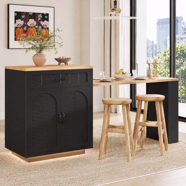 Desviae Isola da cucina con tavolo estensibile 2 cassetti 4 ante e portabottiglie in MDF nero 80 × 70 × 95,5 cm