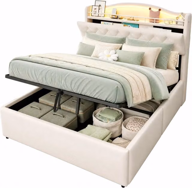 Letto matrimoniale moderno con contenitore idraulico, illuminazione LED, porte USB e Type-C e mensola integrata, rivestimento in tessuto beige, L/P/H: 140 x 200 x 145 cm