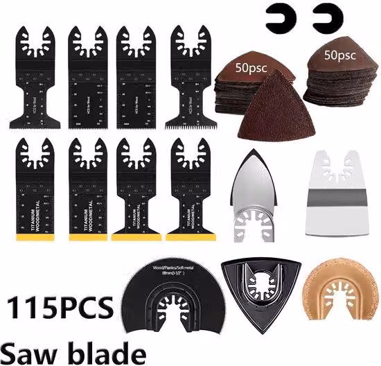 Set da 115 pezzi, con dischi vibranti, accessori per seghe multifunzione vibranti con sistema di cambio rapido e carta abrasiva, adatto per legno, metallo e plastica.