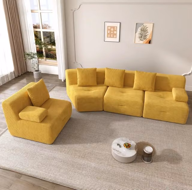 Divano modulare a 4 posti in velluto a coste, 311x90x65 cm, giallo brillante