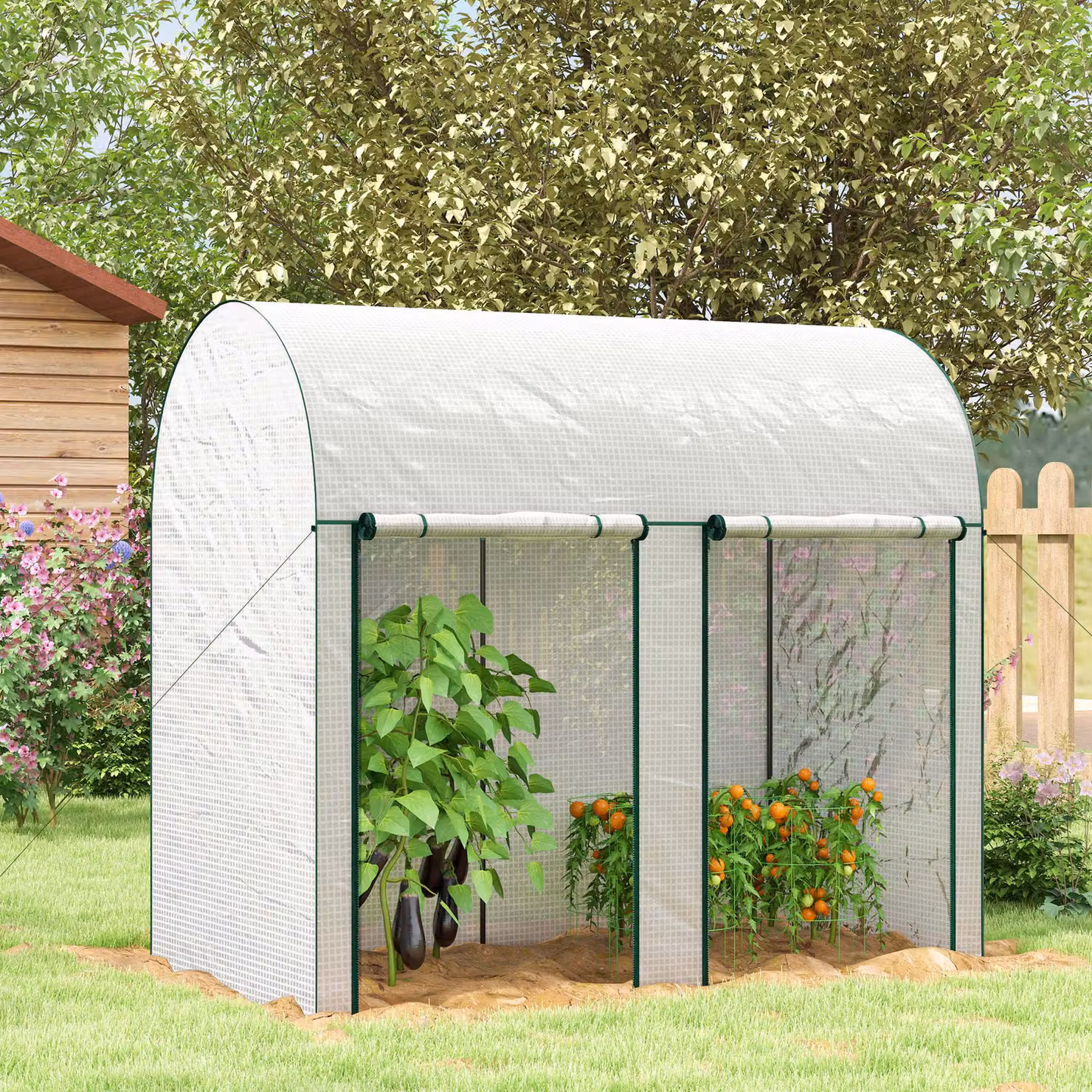 Serra da giardino per orto Outsunny in acciaio con copertura in PE anti-UV e 2 porte avvolgibili, Bianco, L/P/H: 200 x 200 x 178 cm – 2