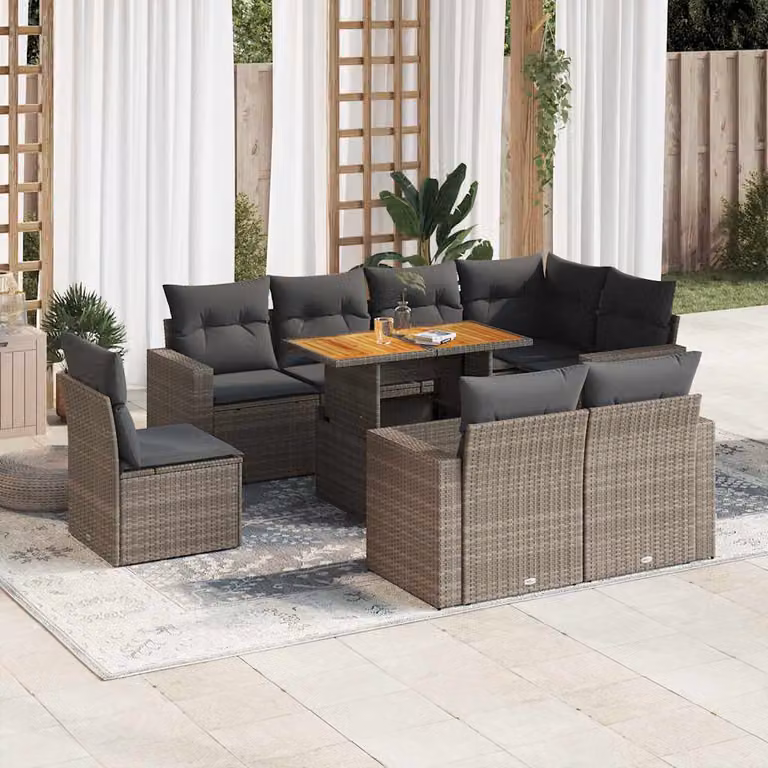 Set Divano da Giardino vidaXL 9 pz in Polyrattan Grigio con Cuscini e Tavolino da Esterno