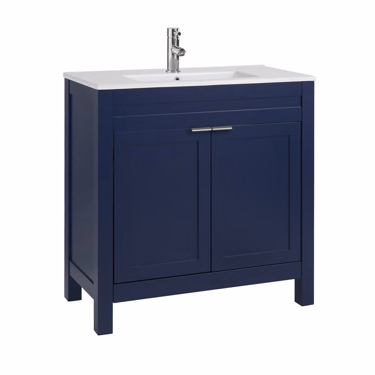 Mobile Bagno Blu Marino da 810mm con Lavabo e Maniglie Moderne con Impugnatura a Dito Cromate - Warwick