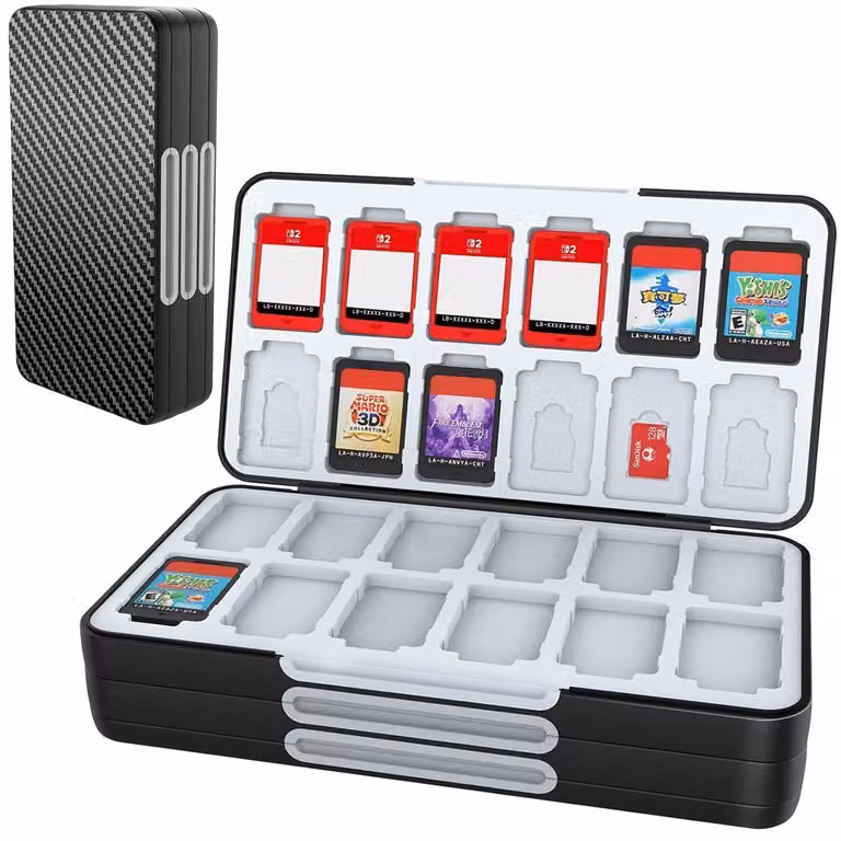 Custodia per schede di gioco per Nintendo Switch 2/OLED/Lite, con 72 slot e 24 slot per schede Micro SD, in fibra di carbonio, colore nero