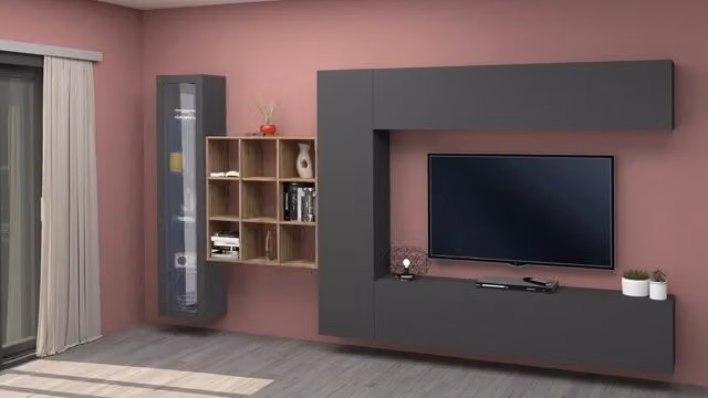 Parete TV attrezzata sospesa Femira con libreria e vetrina moderna colore antracite e marrone – 1