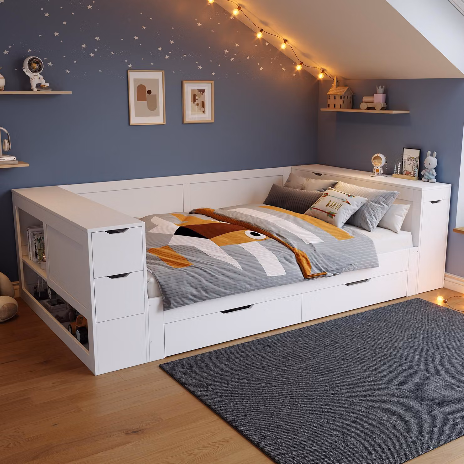 MODFU Letto per bambini 140×200 senza materasso, letto trasformabile multifunzionale con ripiani e cassetti, letto per studenti con comodino e spazio contenitivo, bianco