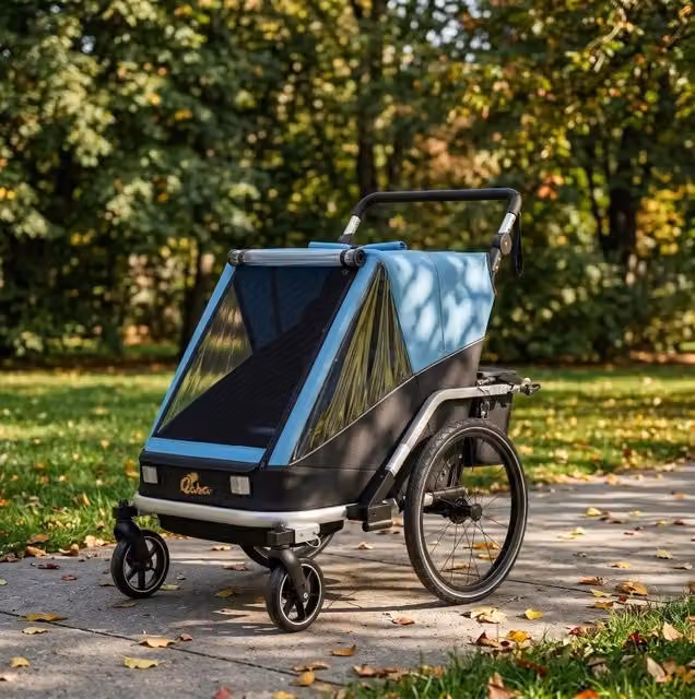 Rimorchio per bicicletta per 2 bambini trasformabile in passeggino pieghevole blu in alluminio e metallo con ruote piroettanti e dettagli riflettenti