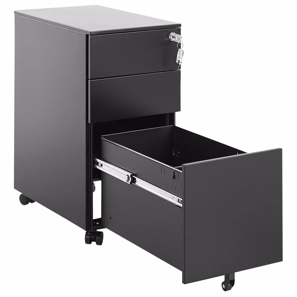 Armadietto contenitore Beliani in metallo nero opaco con ante e cassetti con serratura e ruote per home office o garage L/P/H: 60 x 30 x 45 cm – 2
