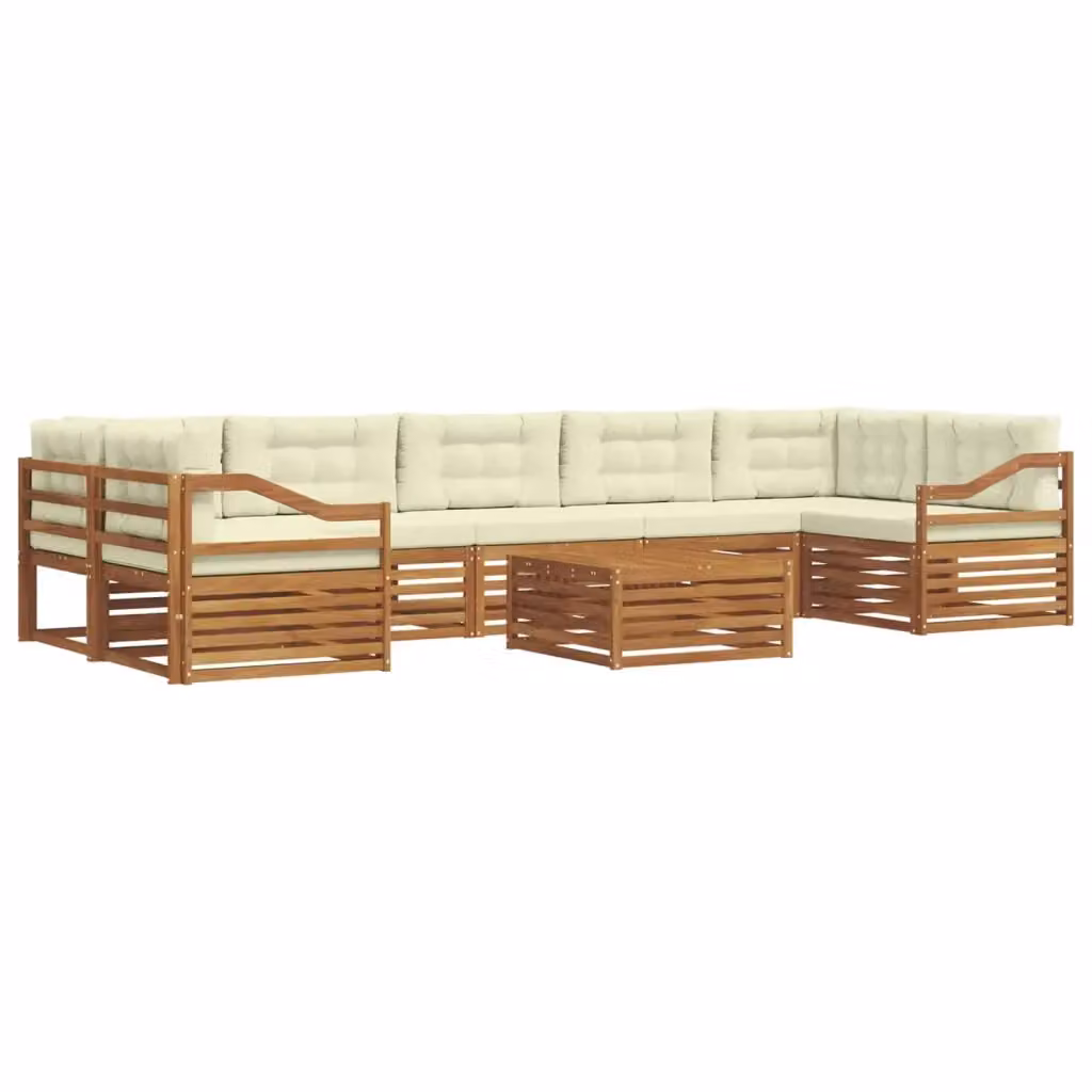 Set di divani da esterno vidaXL a forma di L con tavolo da caffè, 8 pezzi, in legno di acacia e tessuto beige e bianco – 2