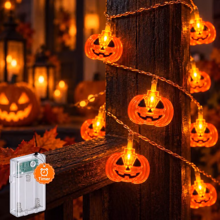 Catena luminosa a tema Halloween, lunghezza 3 metri, 20 LED, con timer, alimentazione a batteria, colore arancione
