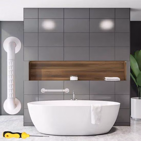 Maniglie da bagno regolabili, superficie antiscivolo, acciaio inossidabile bianco, ausilio per anziani e donne in gravidanza.