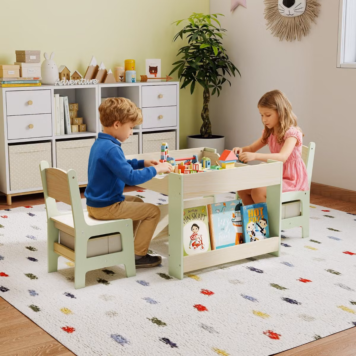 Costway Set da tavolo e sedie per bambini, Tavolo attività 4 in 1 con piano reversibile Verde