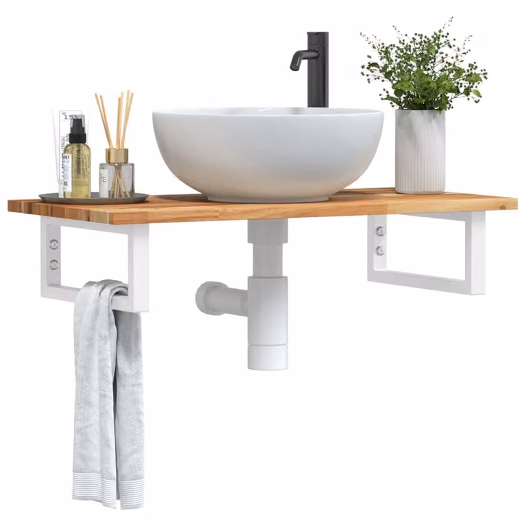 vidaXL Ripiano a Parete per Lavabo in Accacia e Metallo, Bianco e Marrone, L: 40 cm, P: 17 cm, H: 3 cm