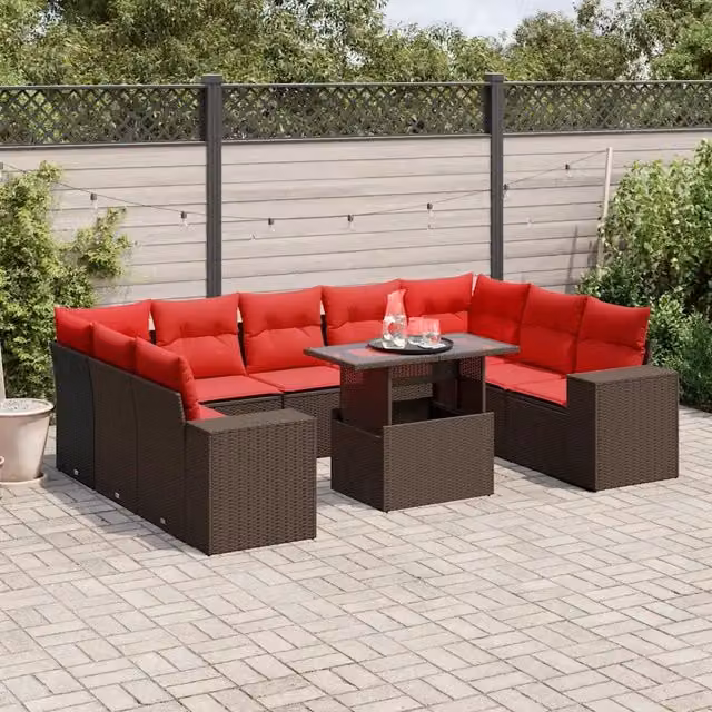 Set Divani da Giardino 10 pz con Cuscini Marrone in Polyrattan 3269374