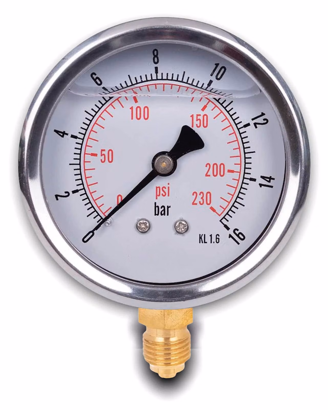 Manometro 0-16 bar, attacco G1/4, diametro 63 mm, classe 1,6, grado di protezione IP65, riempito con glicerina
