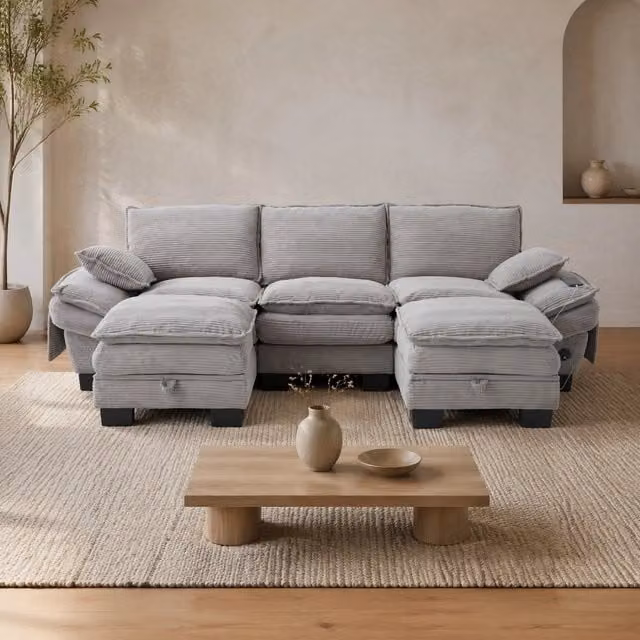 Set da 3 pezzi REDOM composto da divano a 3 posti e 2 hocker in velluto a coste grigio chiaro, L: 260 cm, P: 132 cm, H: 84 cm