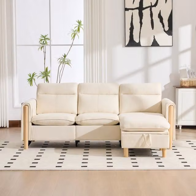 Divano 3 posti in ciniglia beige con pouf contenitore; design angolare reversibile; 201x77x86 cm