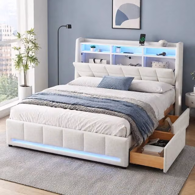 Letto imbottito 140 x 200 cm con LED; USB; vano contenitore e 2 cassetti; lino beige
