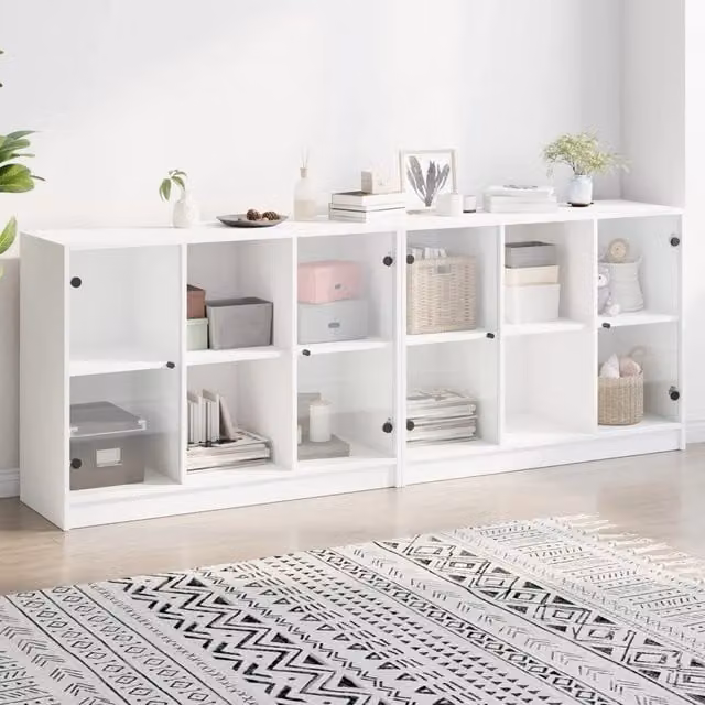 Libreria Moderna vidaXL con Ante in Vetro e Ripiani in Legno, Bianca e Nera, L/P/H: 204 x 37 x 75 cm